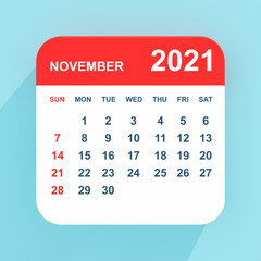 Flat Icon Calendar November 2021. 3d Rendering