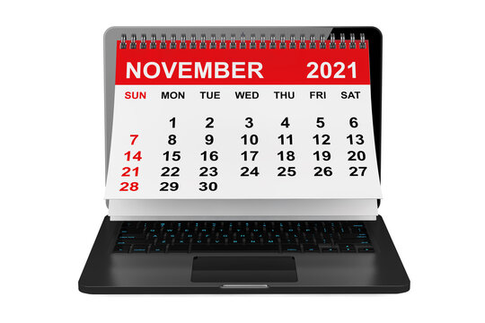 November 2021 calendar over laptop screen. 3d rendering