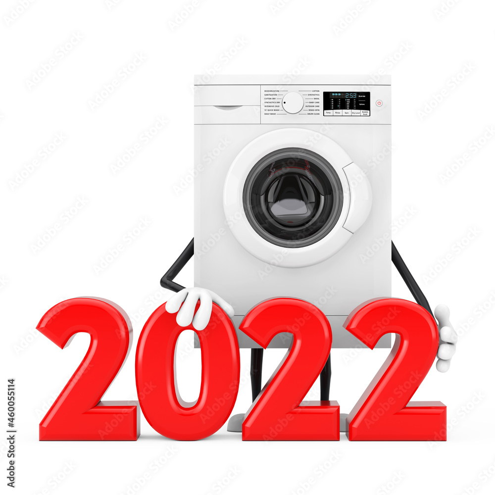Aufkleber modern white washing machine character mascot with 2022 new year sign. 3d rendering