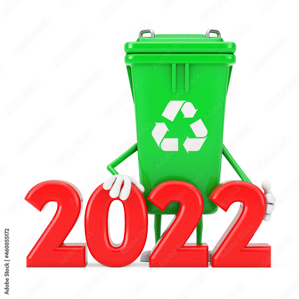 Fototapete recycle sign green garbage trash bin character mascot with 2022 new year sign. 3d rendering