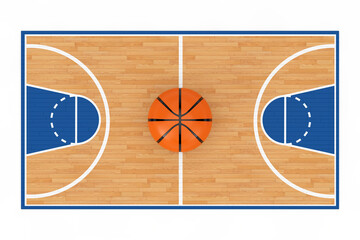 Orange Basketball Ball in Center of Wooden Basketball Court Floor with Lines. 3d Rendering