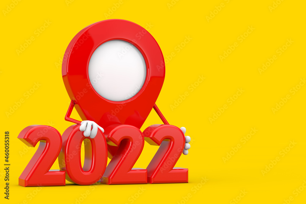 Poster map pointer pin character mascot with 2022 new year sign. 3d rendering