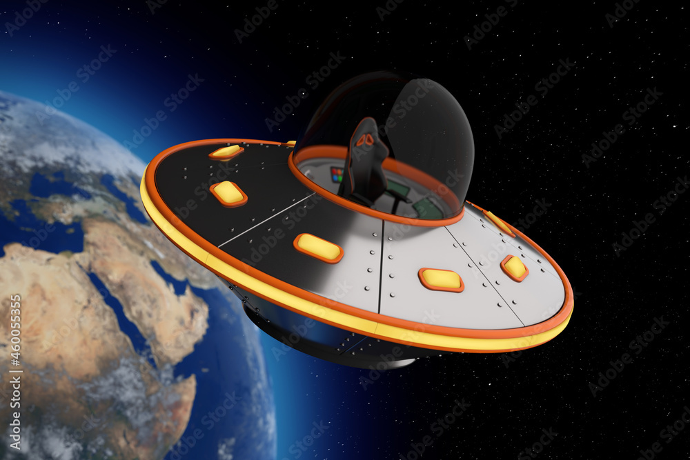 Poster cute spaceship cartoon ufo in open space. 3d rendering