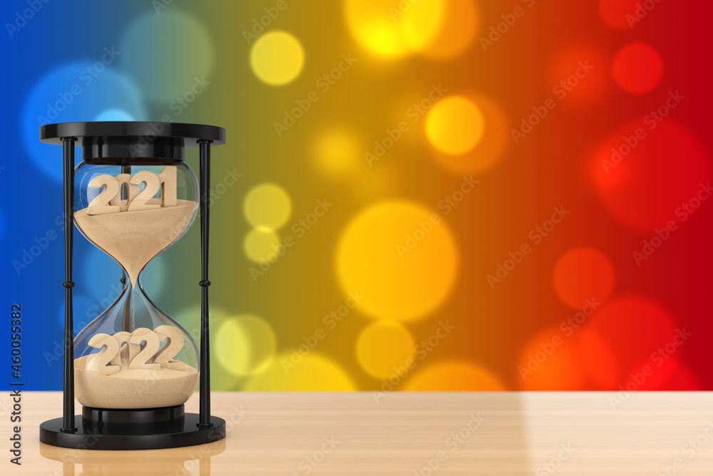 Aufkleber new 2022 year concept. sand falling in hourglass taking the shape from 2021 to 2022 year. 3d renderi