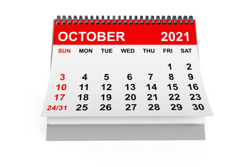 2021 Year October Calendar. 3d rendering