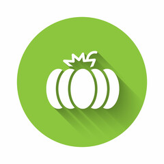 White Pumpkin icon isolated with long shadow. Happy Halloween party. Green circle button. Vector