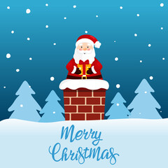 Santa Claus stuck in the Chimney with present. Greeting card with funny Santa Claus. Merry Christmas and Happy New Year. Vector illustration.