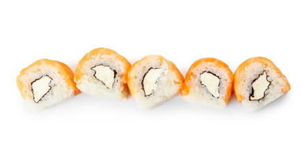 Line of delicious sushi rolls with philadelphia cheese and salmon on white background