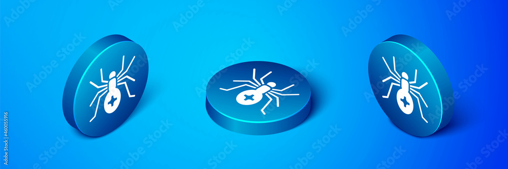 Poster Isometric Spider icon isolated on blue background. Happy Halloween party. Blue circle button. Vector