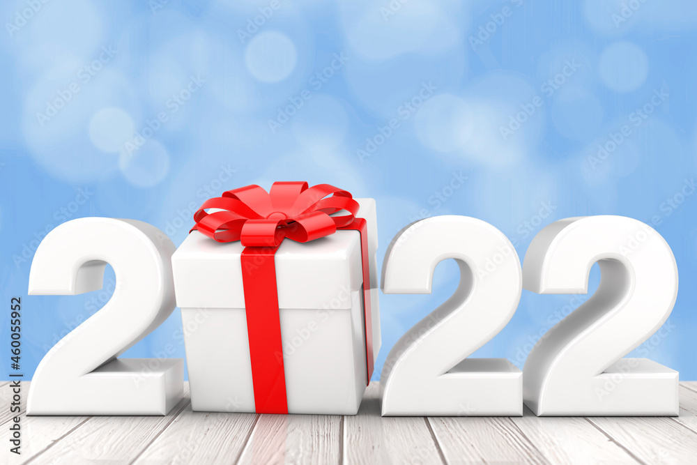Poster 2022 new year sign with gift box and red ribbon. 3d rendering