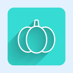 White line Pumpkin icon isolated with long shadow. Happy Halloween party. Green square button. Vector