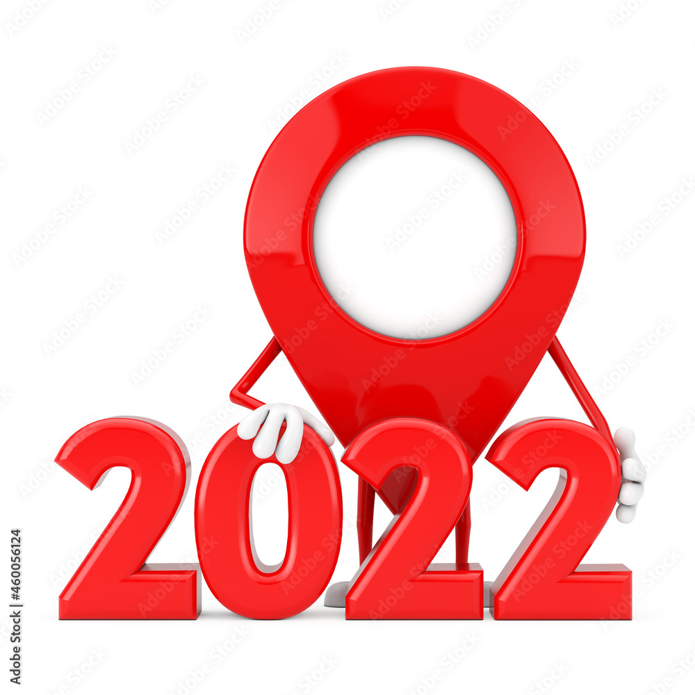 Poster map pointer pin character mascot with 2022 new year sign. 3d rendering