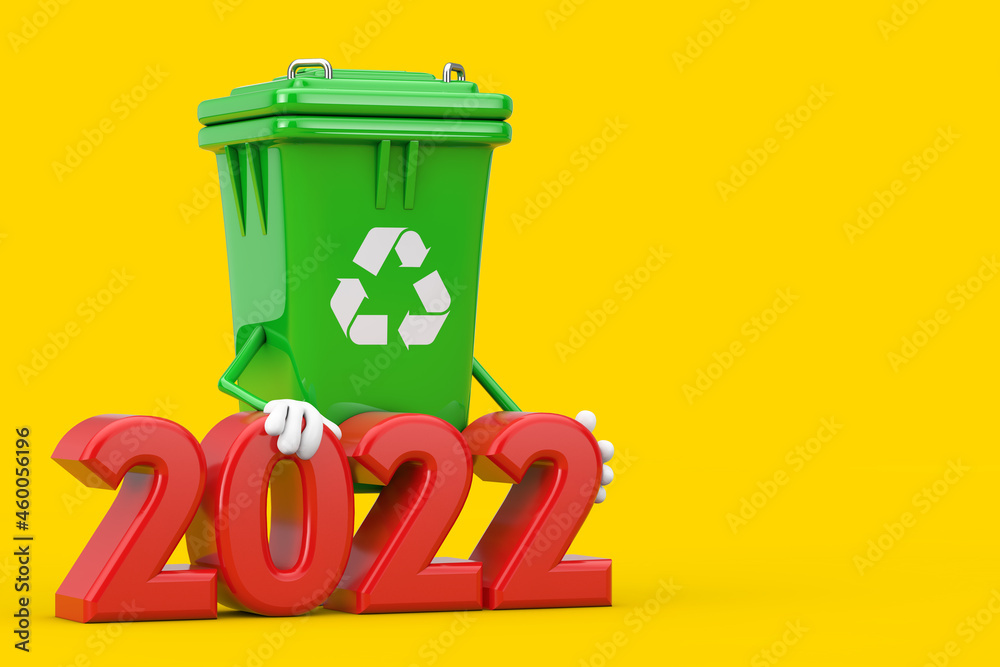 Leinwandbilder recycle sign green garbage trash bin character mascot with 2022 new year sign. 3d rendering