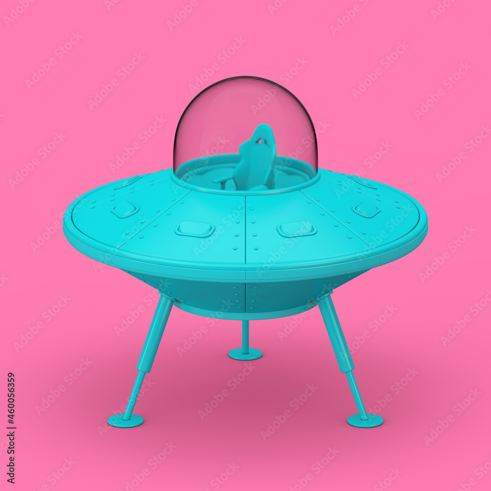 Poster blue cute spaceship cartoon ufo in duotone style. 3d rendering