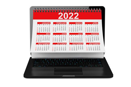 2022 Year Calendar over Laptop Screen. 3d Rendering