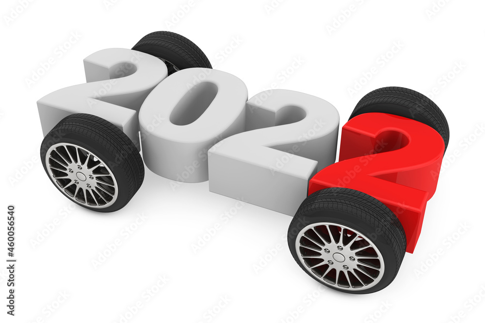 Aufkleber 2022 year concept with car wheels. 3d rendering