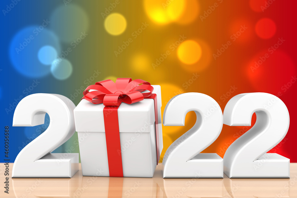 Poster 2022 New Year Sign with Gift Box and Red Ribbon. 3d Rendering