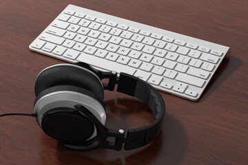 Black Headphones with White Computer Keyboard. 3d Rendering