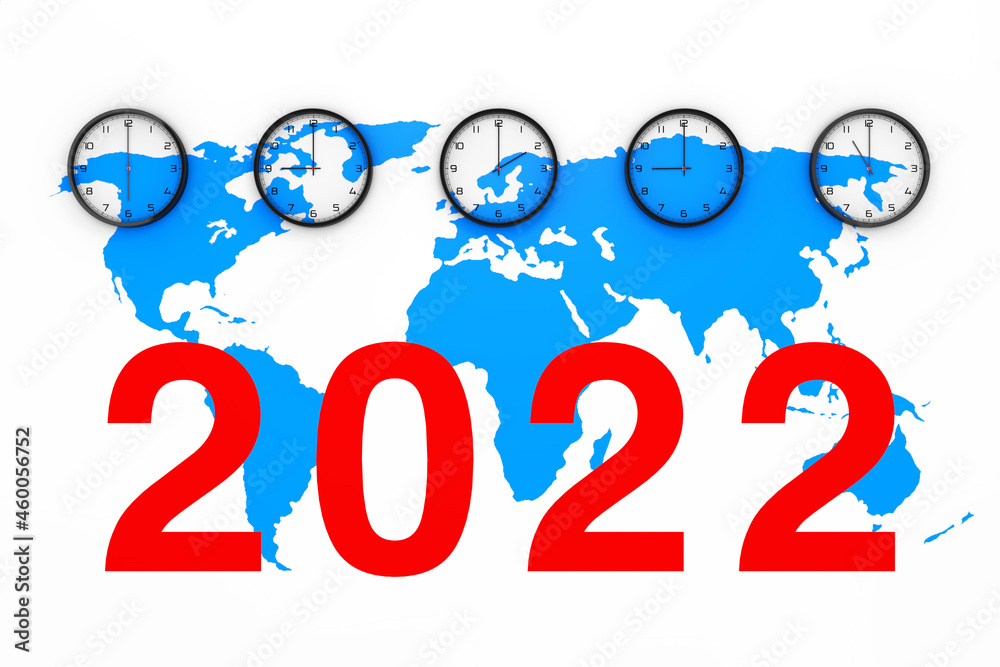 Poster Set of Clocks with Different World Time, Blue World Map and New 2022 Year Sign. 3d Rendering