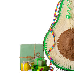 Mexican pinata and gifts on white background