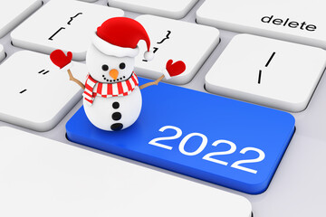 Blue 2022 New Year Key with Snowman on White PC Keyboard. 3d Rendering