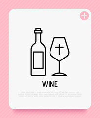 Communion, glass of wine with cross thin line icon. Religious ceremony. Modern vector illustration.