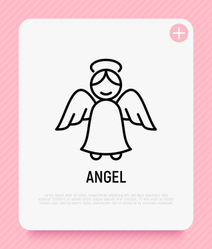 Angel with wings thin line icon. Religion, christianity. Modern vector illustration.