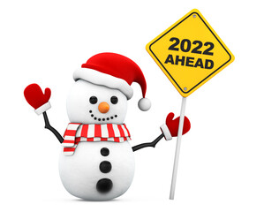 Snowman with 2022 New Year Ahead Sign. 3d Rendering