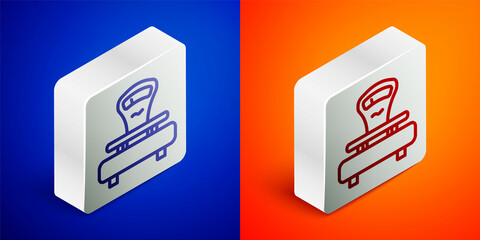 Isometric line Scales icon isolated on blue and orange background. Weight measure equipment. Silver square button. Vector