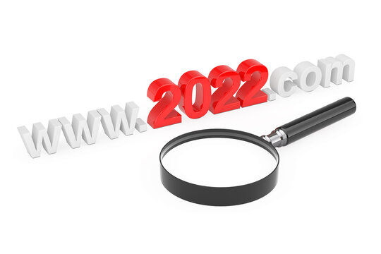 2022 New Year Concept. WWW 2022 Com Site Name with Magnifying Glass. 3d Rendering