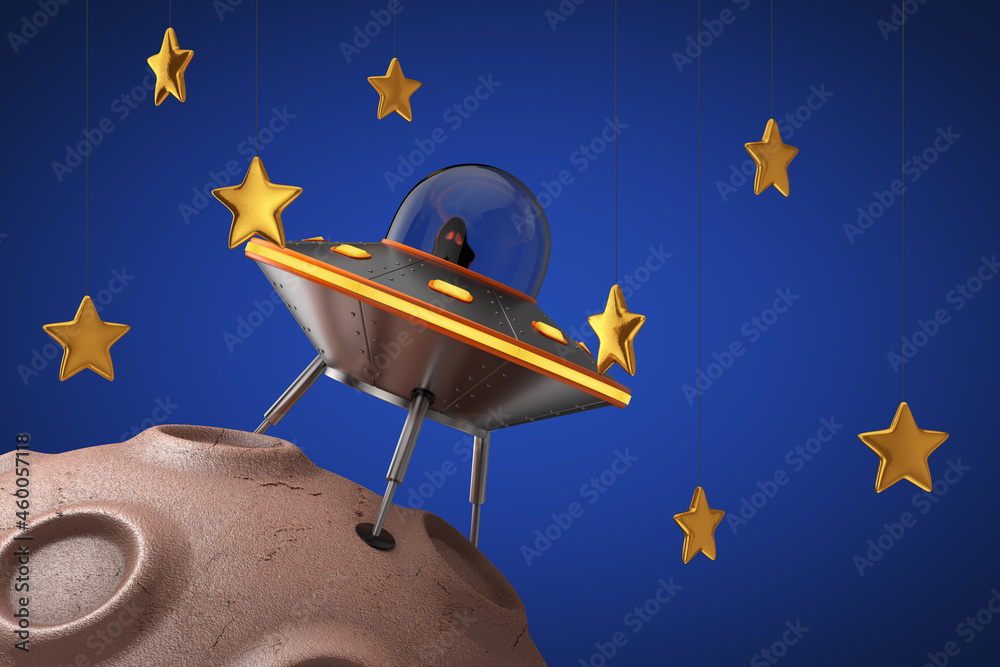 Leinwandbilder cute spaceship cartoon ufo over abstract planet in space with golden stars. 3d rendering