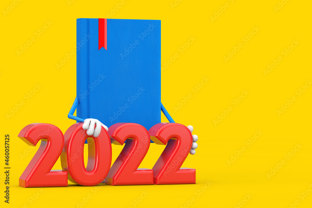 Aufkleber blue book character mascot with 2022 new year sign. 3d rendering