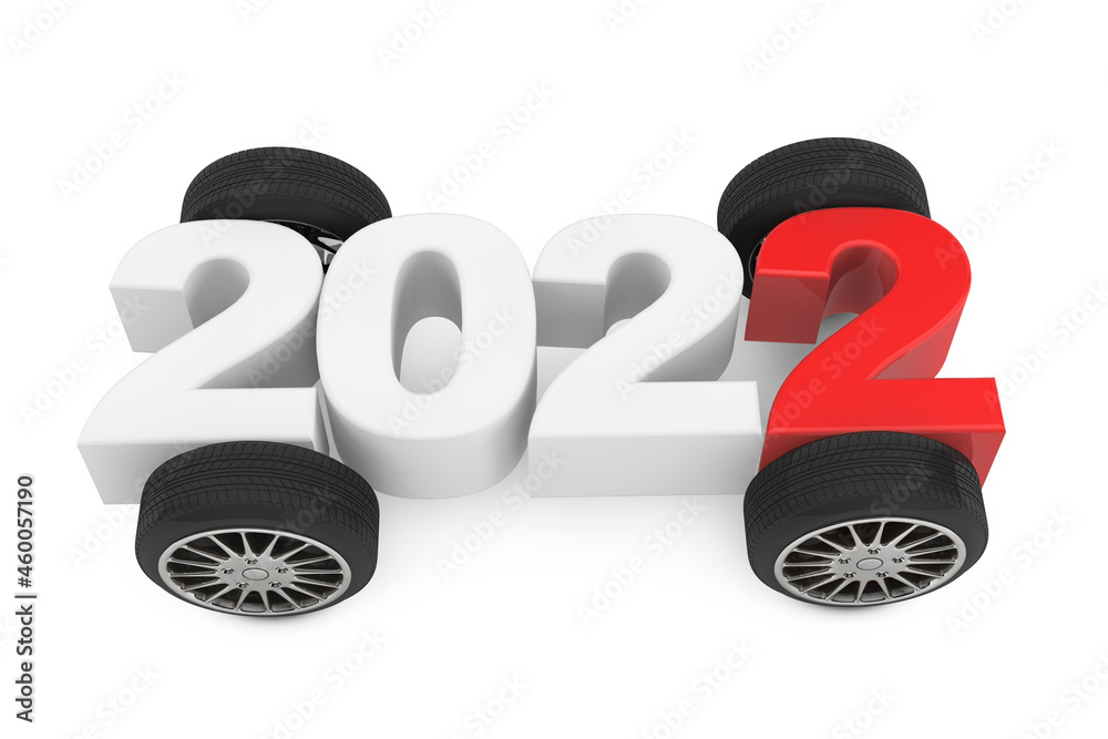 Aufkleber 2022 year concept with car wheels. 3d rendering