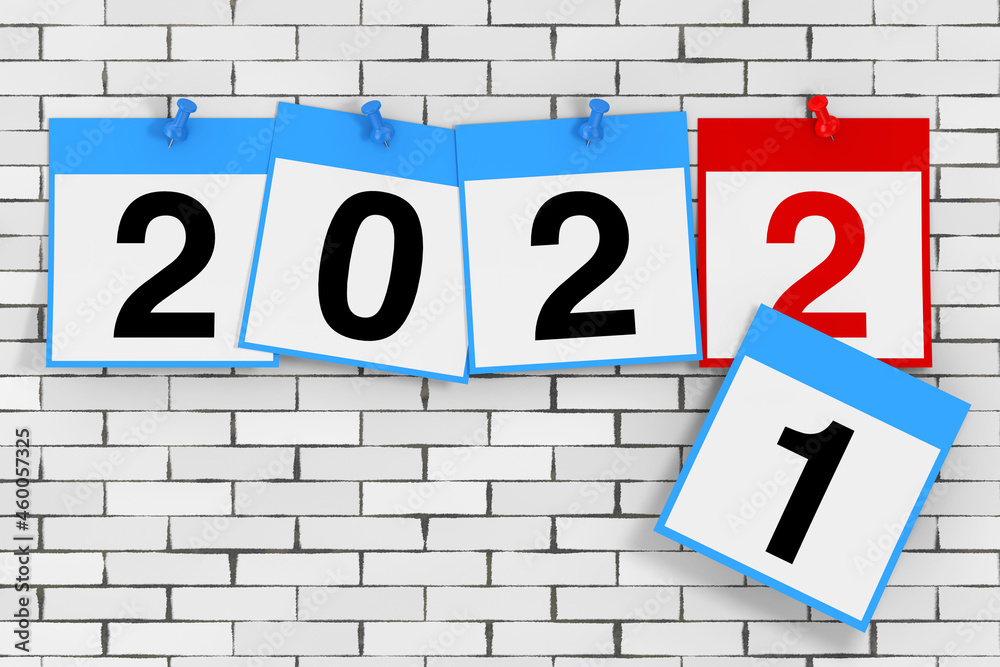 Poster new 2022 year start concept. calendar sheets with 2022 new year sign. 3d rendering