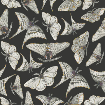 Watercolor black moths, seamless pattern.