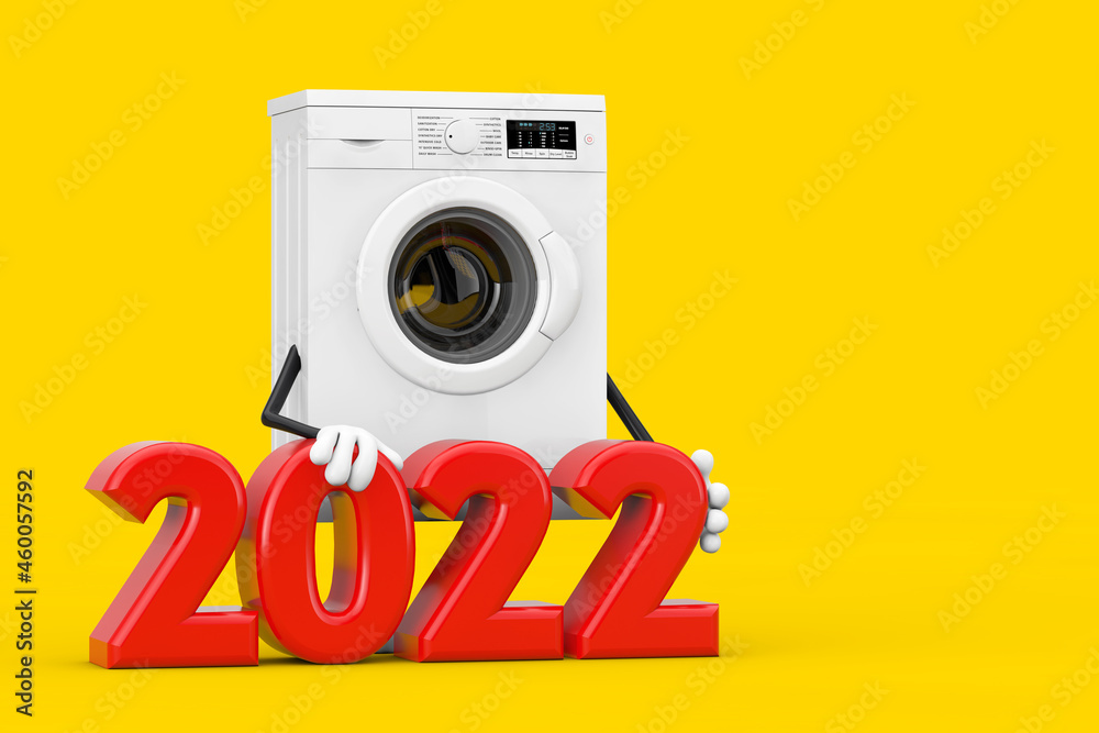 Aufkleber modern white washing machine character mascot with 2022 new year sign. 3d rendering