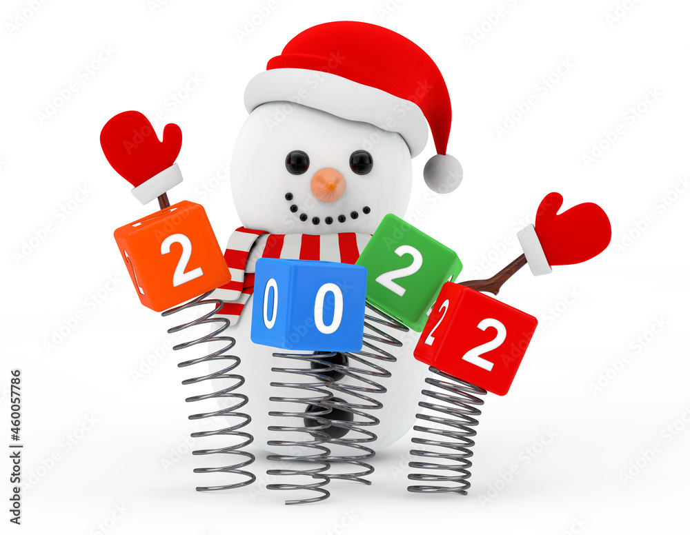 Aufkleber new year concept. snowman near christmas spring cubes with 2022 new year sign. 3d rendering