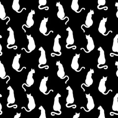 vector pattern with black silhouettes of cats in different poses, view from the back on a black background