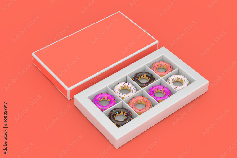 Poster set of big glazed donuts in pink paper box with free space for your design. 3d rendering