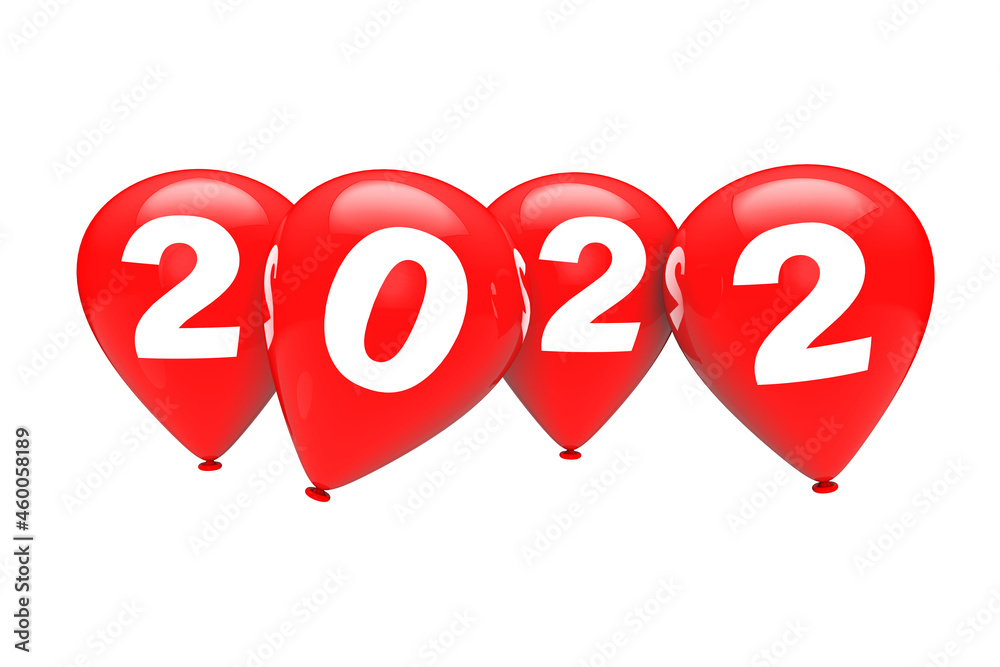 Aufkleber new year concept. red christmas balloons with 2022 sign. 3d rendering