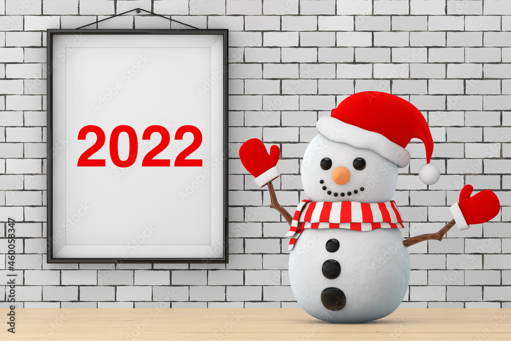 Aufkleber snowman in front of brick wall with frame 2022 sign. 3d rendering