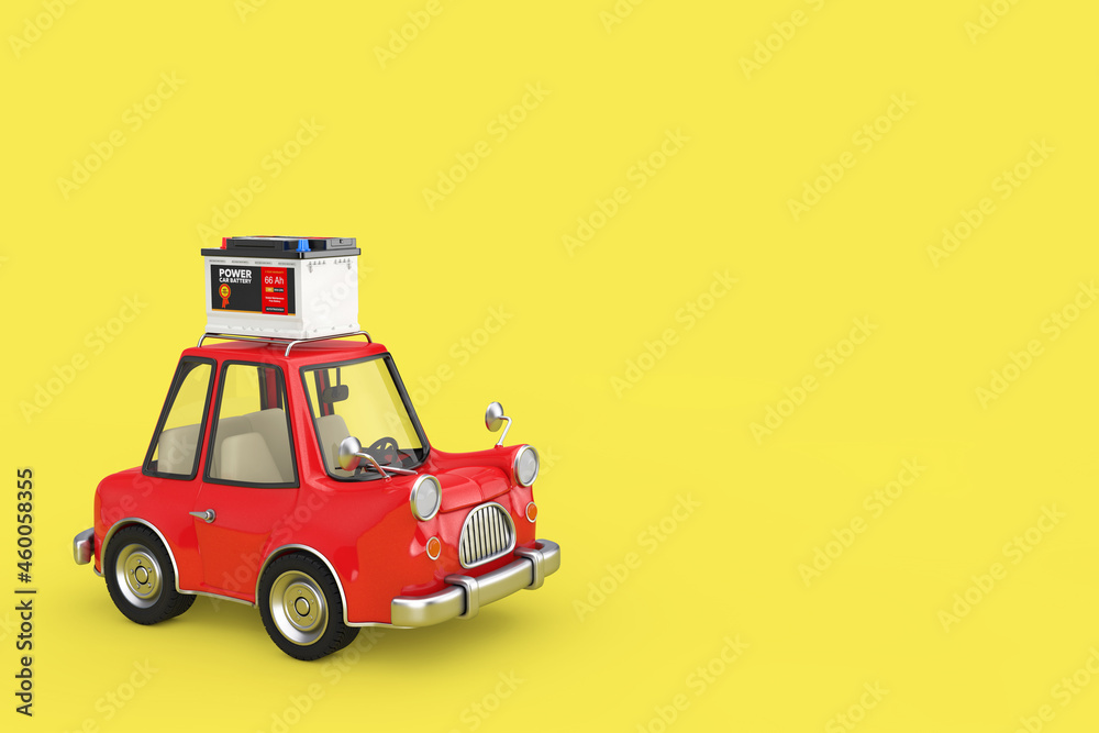 Poster rechargeable car battery 12v accumulator with abstract label with red cartoon car. 3d rendering