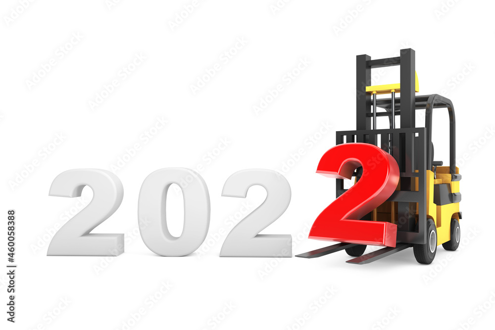 Poster forklift truck with 2022 new year sign. 3d rendering