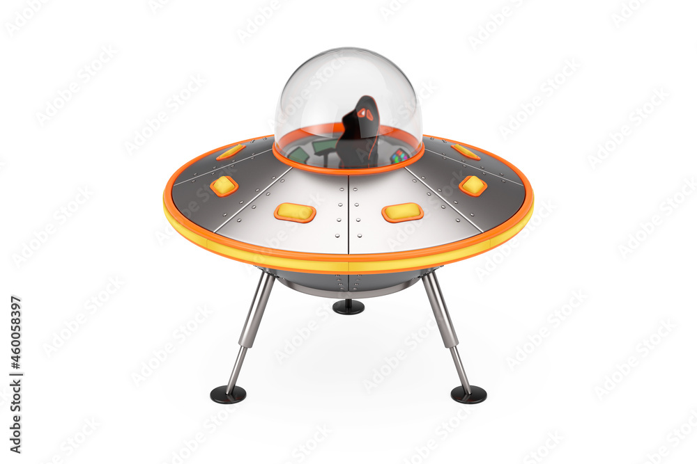 Poster cute spaceship cartoon ufo. 3d rendering