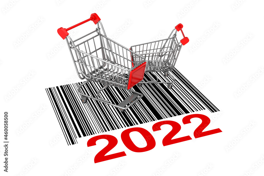 Fototapete Two Empty Shopping Carts over Abstract Bar Code with New 2022 Year Sign. 3d Rendering