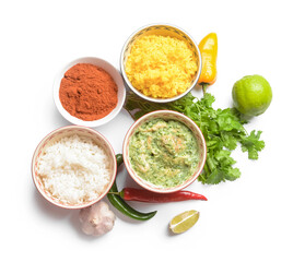 Traditional Indian food and spices on white background