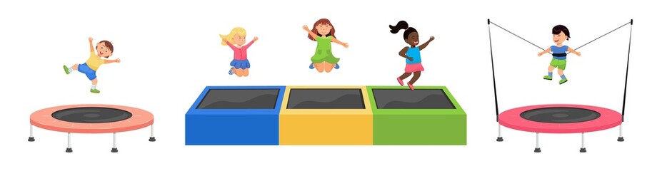 Kid jumping on trampoline. Children leisure, kids zone, active rest for little girl and boy.
