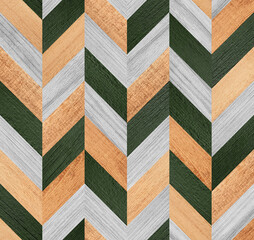Light parquet floor texture with chevron pattern. Seamless wood wallpaper. Rustic wooden wall made of painted planks.