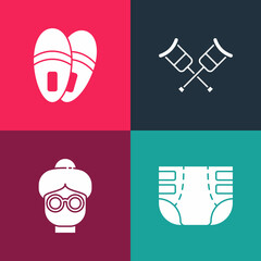 Set pop art Adult diaper, Grandmother, Crutch or crutches and Slippers icon. Vector