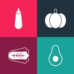 Set pop art Avocado fruit, Cabbage, Pumpkin and Eggplant icon. Vector